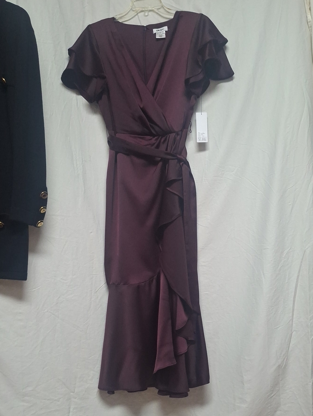 DKNY Deep Plum Satin Wrap Midi Dress